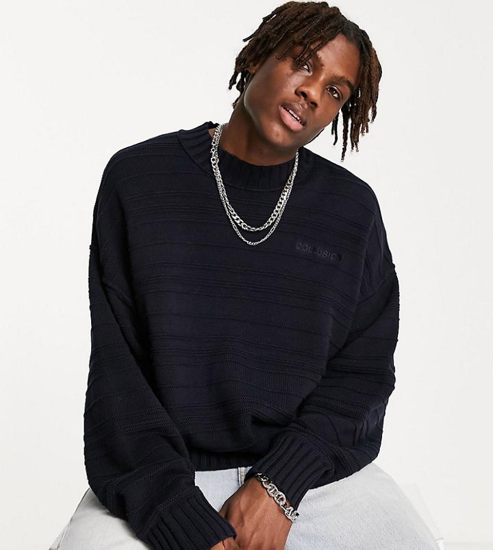 Collusion Crew Neck Sweater In Navy With Embroidery-blues