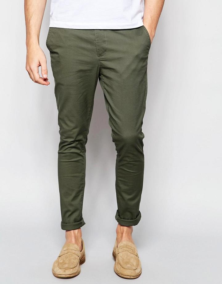 Asos Super Skinny Chinos In Green - Washed Field