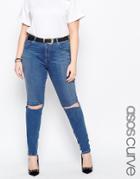 Asos Curve Lisbon Midrise Skinny Jean In Blessing Mid Wash With Rips - Blue