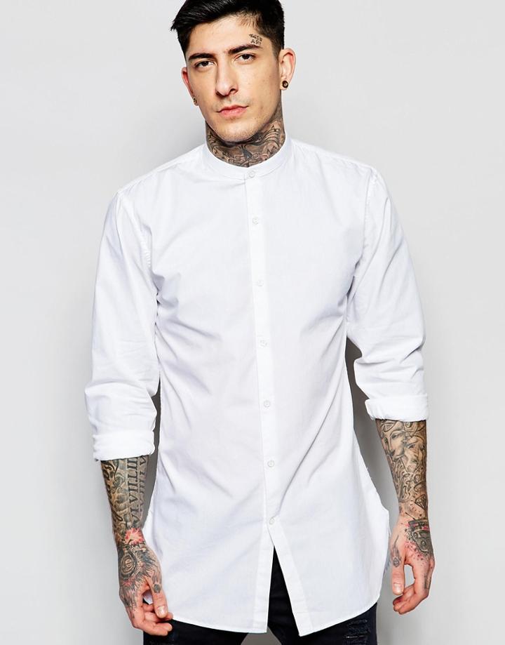 Lindbergh Longline Shirt With Grandad Collar In White - White