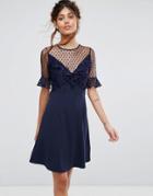 Elise Ryan A Line Mini Dress With Lace Frill & Fluted Sleeve - Navy