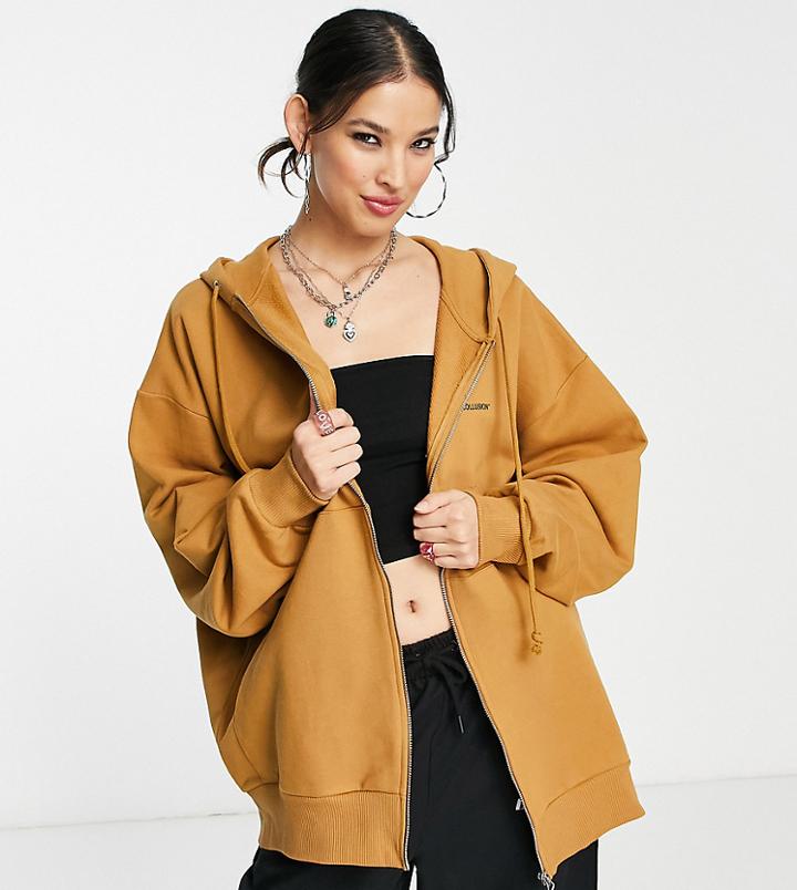 Collusion Unisex Extreme Oversized Zip Through Hoodie In Tan-brown
