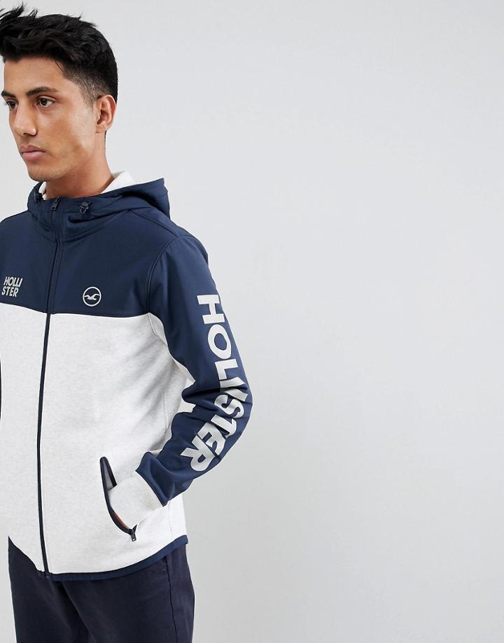 Hollister Icon Logo Nylon Hybrid Full Zip Hoodie Sleeve In Silver Gray/navy - Gray