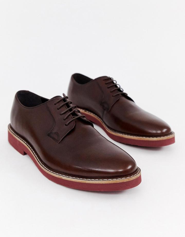 Asos Design Lace Up Shoes In Brown Leather With Chunky Brick Sole - Brown