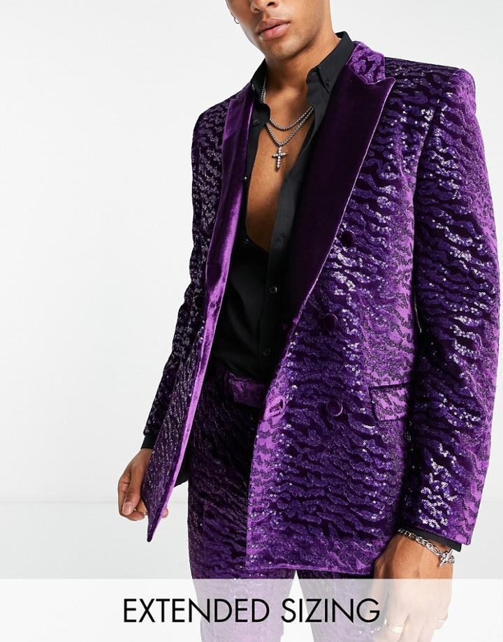 Asos Design Super Skinny Velvet Sequin Suit Jacket In Purple