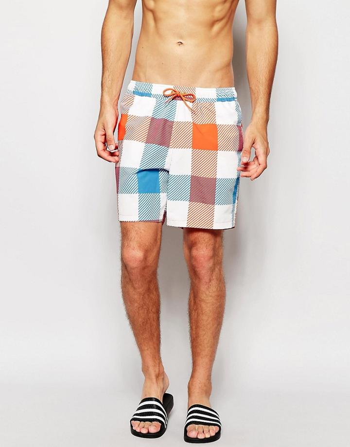 Asos Swim Shorts With Check Print In Mid Length - White