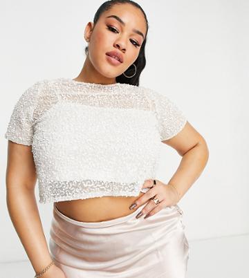 Lace & Beads Plus Bridal Cap Sleeve Embellished Top In Ivory - Part Of A Set-white
