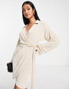 Asos Design Wrap Slinky Blouson Sleeve Mini Dress With Collar In Champagne-neutral