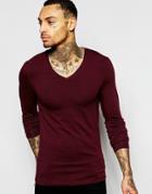 Asos Extreme Muscle Long Sleeve T-shirt With V Neck In Red - Oxblood