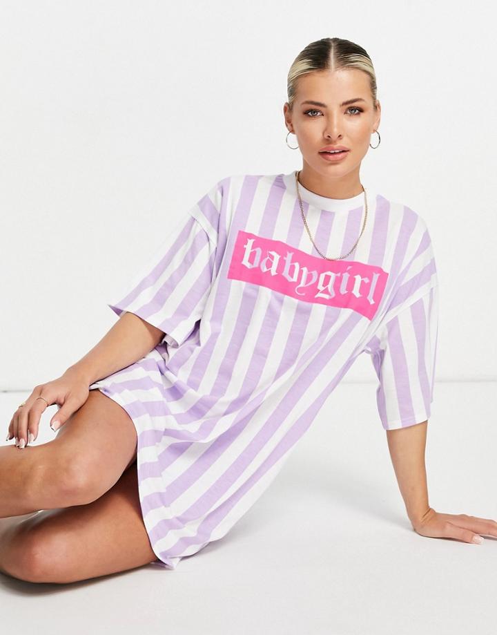 I Saw It First Oversized Motif T Shirt Dress In Lilac Stripe-multi