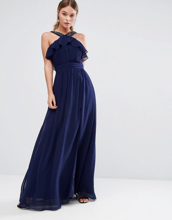 Little Mistress Frill Maxi Dress With Embellishment - Navy