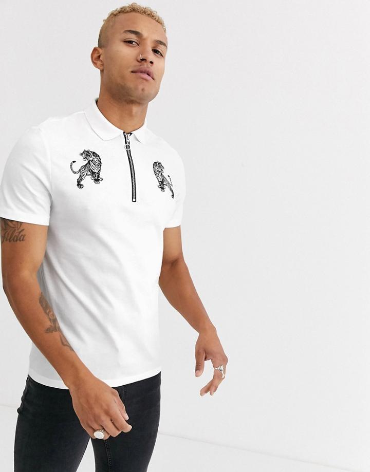 Asos Design Polo With Tiger Print And Zip Neck Collar