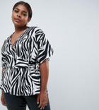 Asos Design Curve Wrap Top With Kimono Sleeve In Zebra Print - Multi