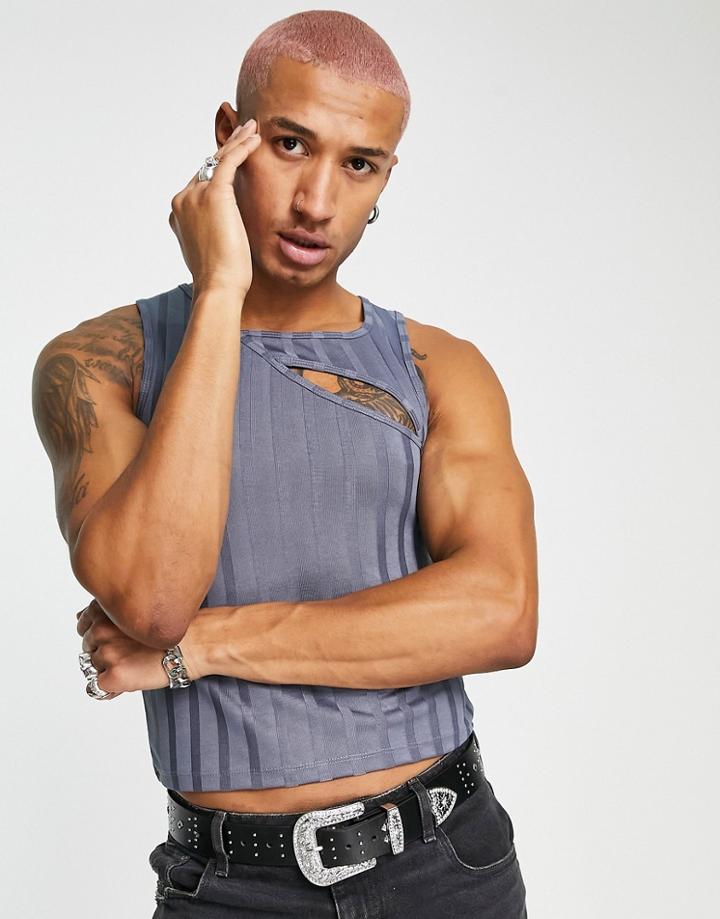 Asos Design Skinny Ribbed Tank Top In Gray Shiny With Cut Outs