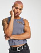 Asos Design Skinny Ribbed Tank Top In Gray Shiny With Cut Outs