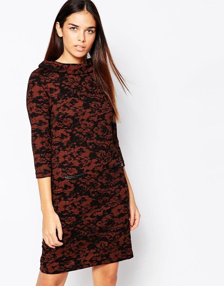 B.young High Neck Printed Shift Dress - Cognac