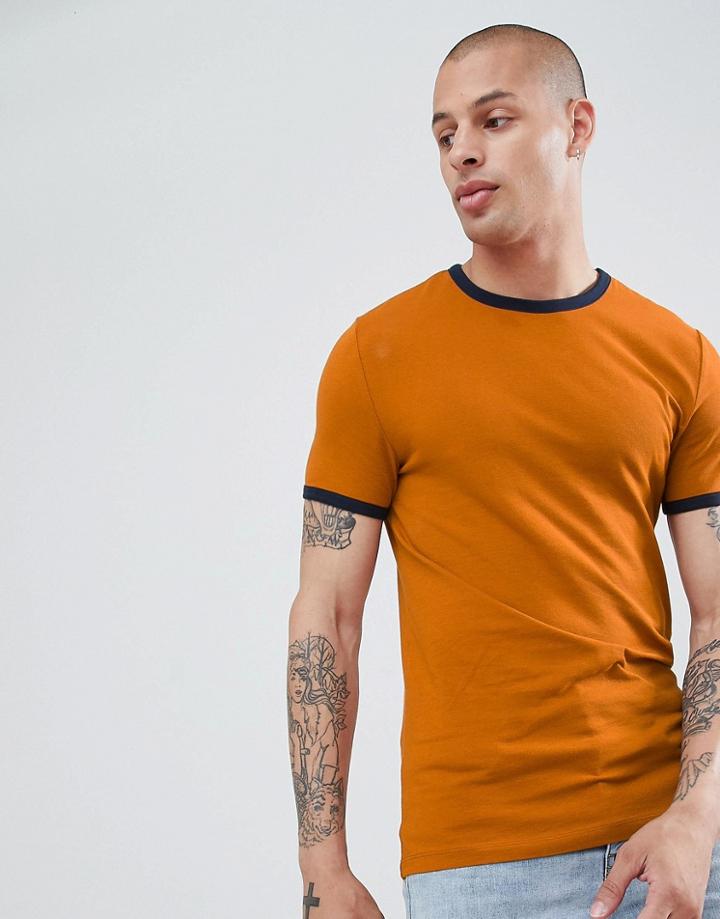 Asos Design Muscle Fit T-shirt With Contrast Ringer In Brown - Brown