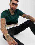 Asos Design Skinny T-shirt With Deep V-neck And Color Block In Green - Green
