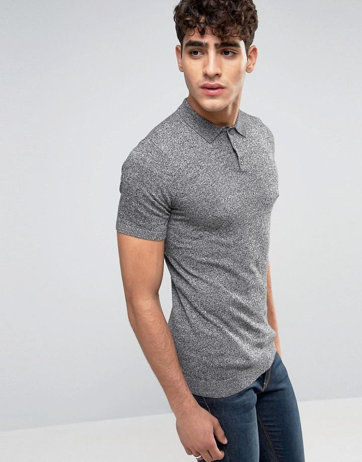 Asos Knitted Polo In Muscle Fit - Gray