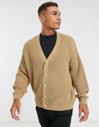 Asos Design Knitted Oversized Rib V Cardigan In Camel-brown