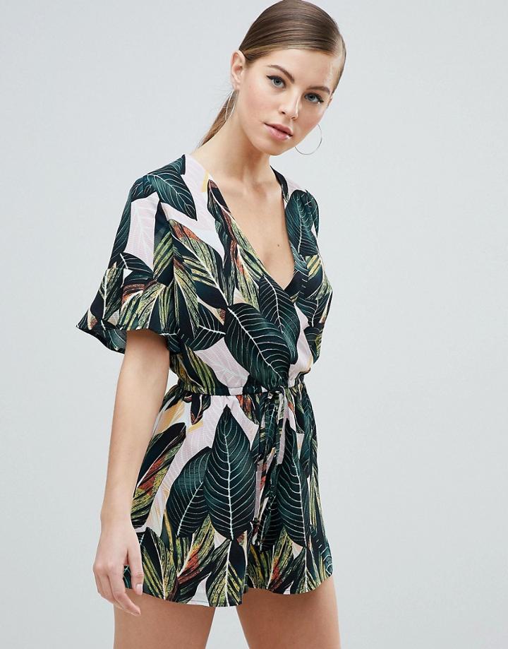 Ax Paris Wrap Front Kimono Sleeve Palm Leaf Romper - Pink
