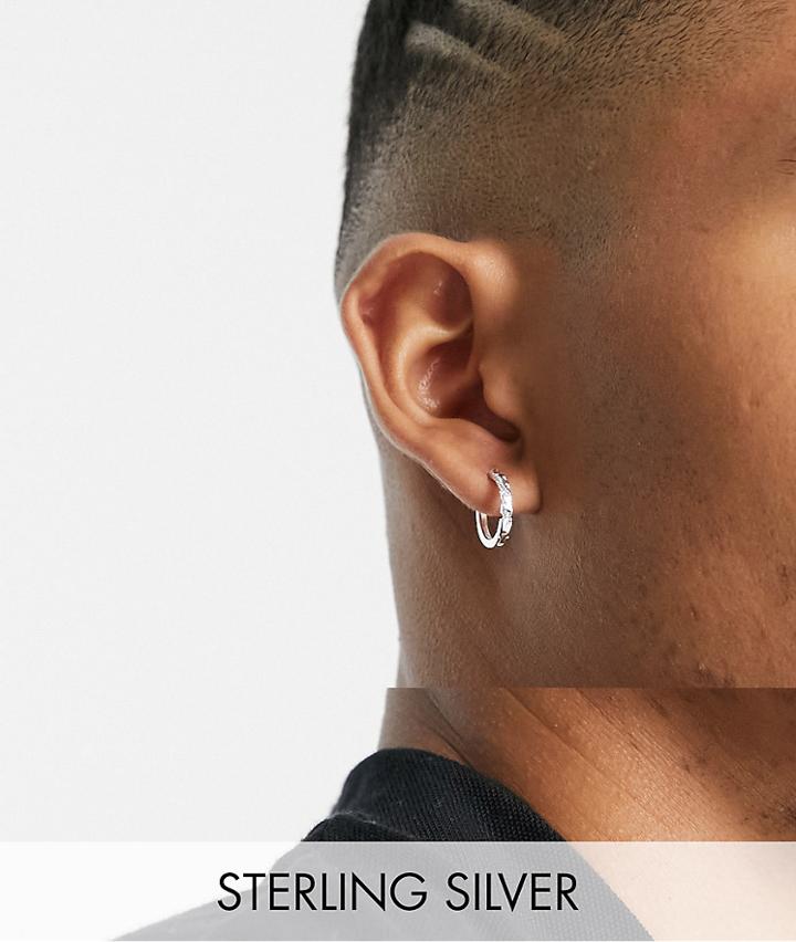 Asos Design Sterling Silver Hoop Earring With Eroded Design In Silver