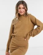 Pieces Soft Touch Lounge Wear High Neck Knit Sweater Set In Brown