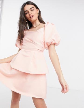 Vl The Label Volume Sleeve Mini Tiered Skater Dress In Baby Pink