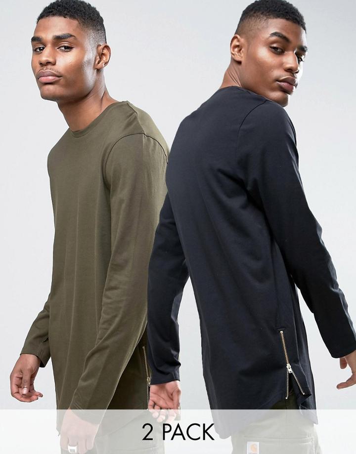 Asos 2 Pack Super Longline T-shirt In Black/green With Curve Hem And Zips Save - Multi