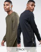 Asos 2 Pack Super Longline T-shirt In Black/green With Curve Hem And Zips Save - Multi