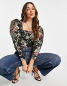 Asos Design Square Neck Jacquard Top With Puff Sleeves-no Color