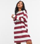Asos Design Petite Long Sleeve Mini T-shirt Dress In Burgundy And White-multi