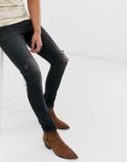 Asos Design 12.5oz Super Skinny Jeans In Washed Black With Abrasions