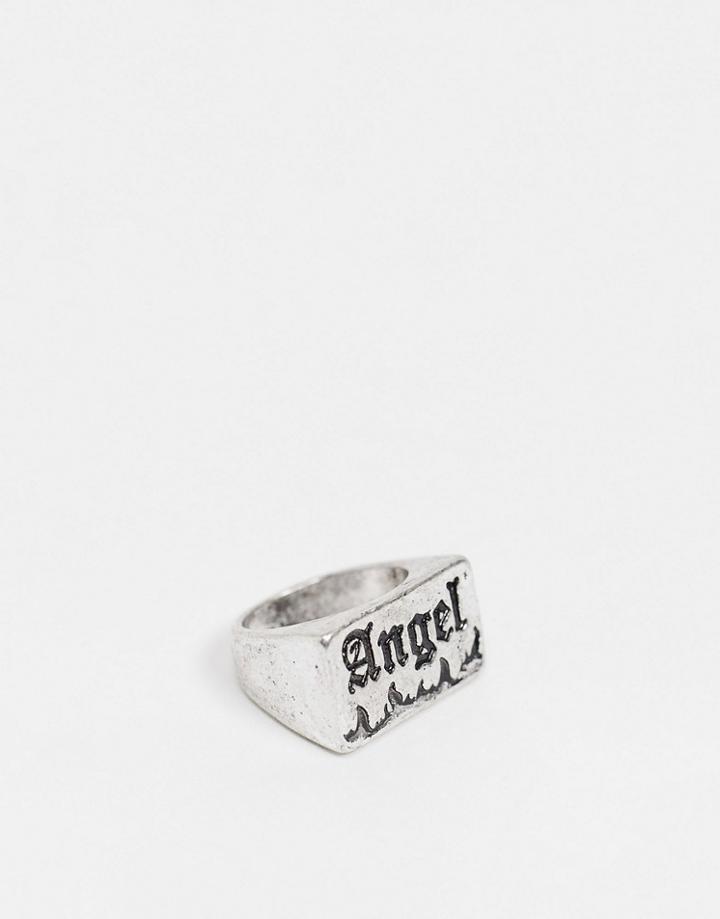 Asos Design Ring With 'angel' Engraving In Burnished Silver