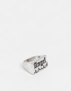 Asos Design Ring With 'angel' Engraving In Burnished Silver