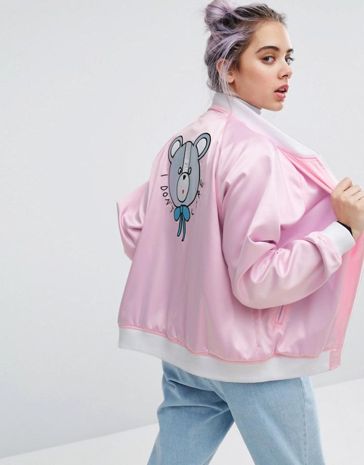 Lazy Oaf I Don't Care Bear Satin Bomber - Pink
