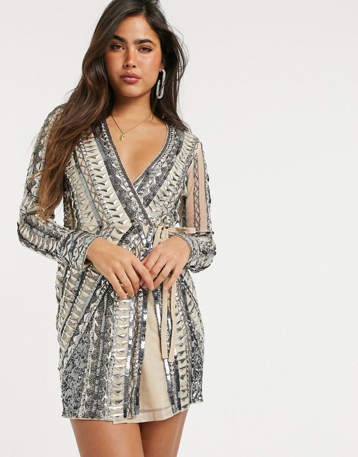 Asos Design Armor Embellished Mini Wrap Dress In Silver-multi