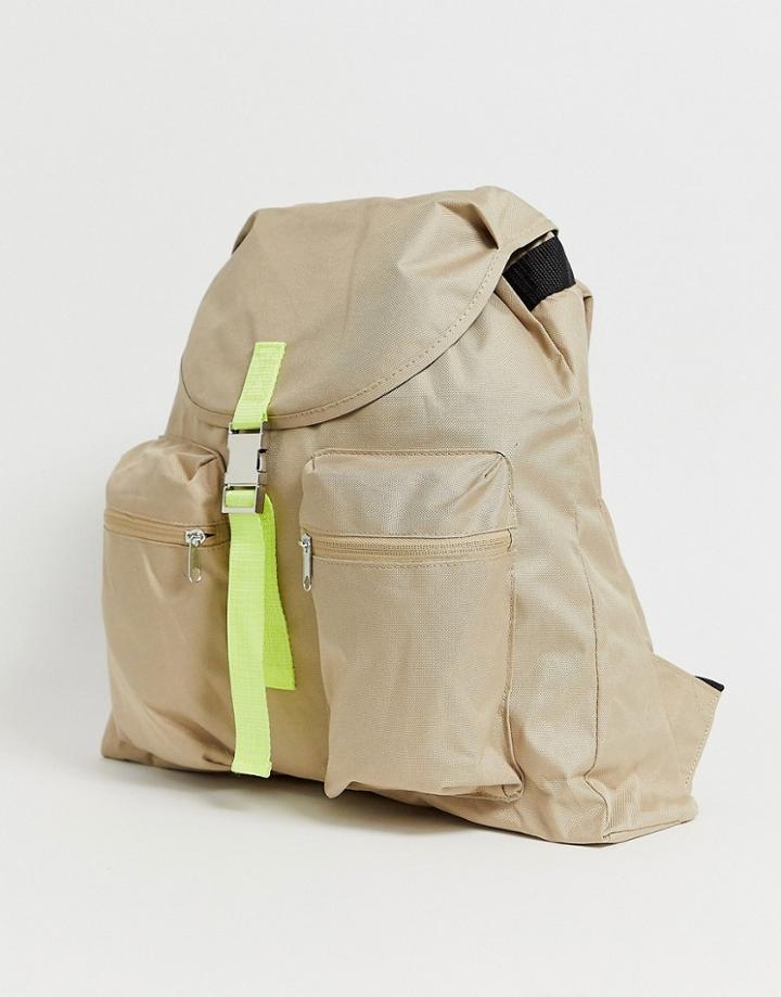 Asos Design Backpack In Beige With Contrast Neon Strap - Beige