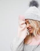 Asos Fluffy Beanie With Faux Fur Pom - Gray