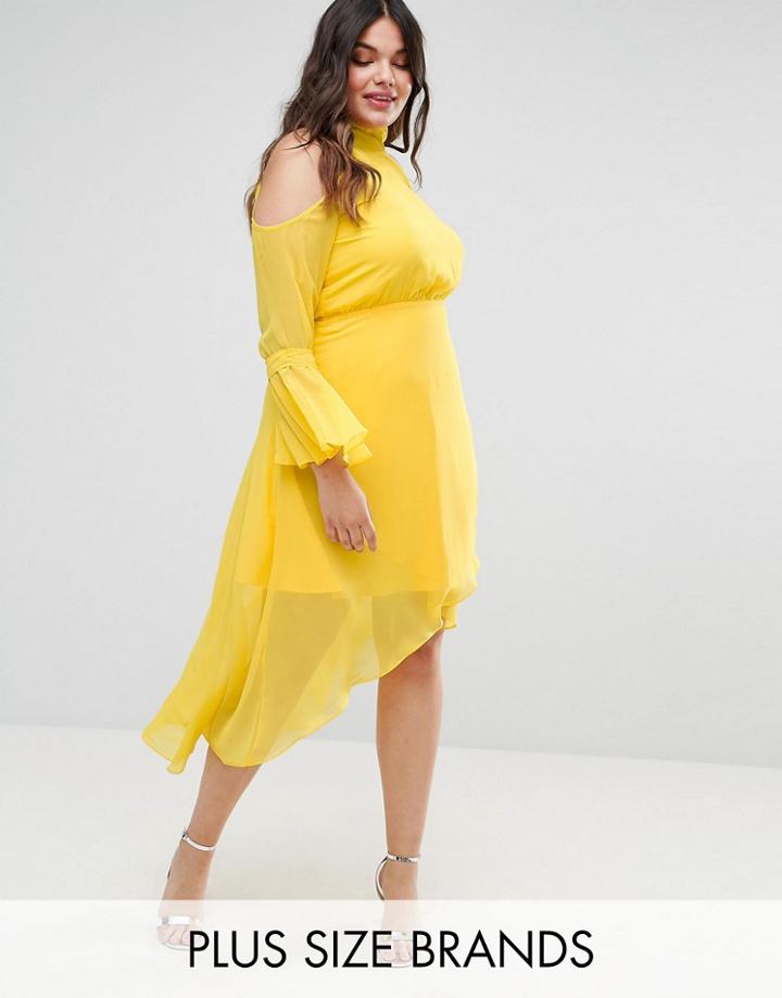 Truly You Cold Shoulder Midi Dress With Fluted Sleeve - Yellow
