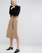 Asos Midi Skirt With Belt Detail - Beige