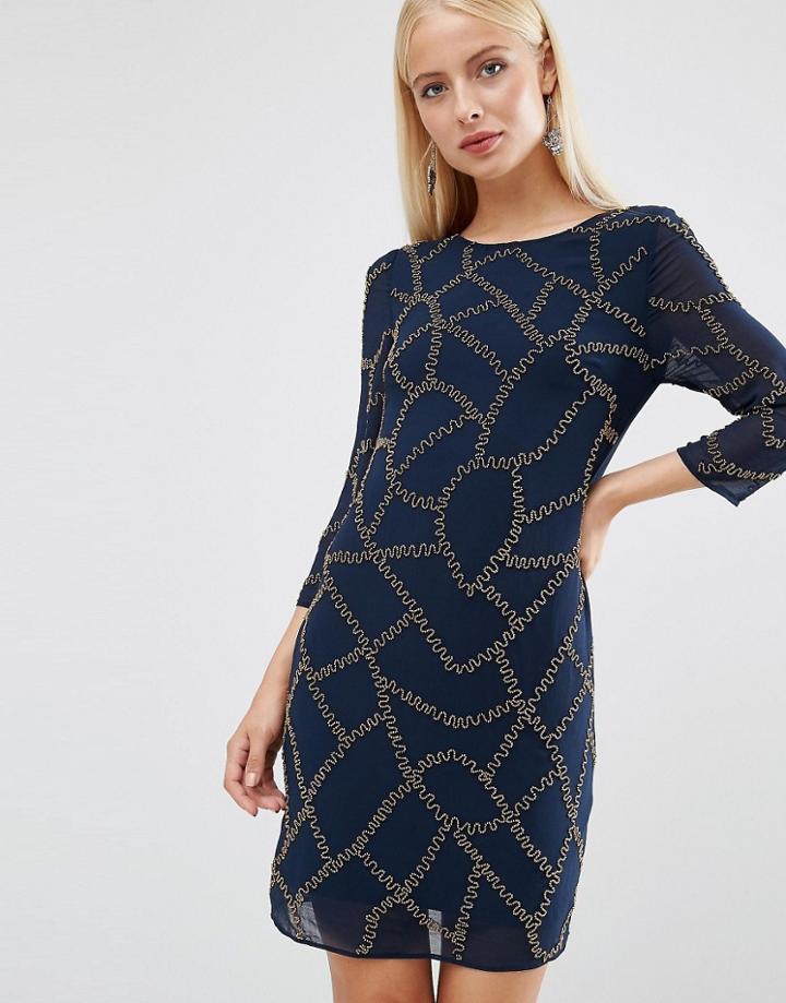 Maya Long Sleeved Embellished Shift Dress - Navy