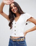 Miss Selfridge Button Through Frill Sleeve Top In White - White