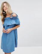 Mango Denim Ruffle Bardot Dress - Blue