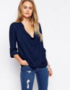 Asos Top With Detail Front And Drape Neck - Navy