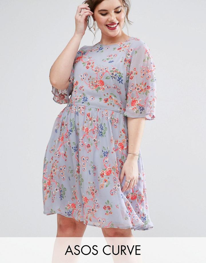 Asos Curve Premium Pretty Floral Print Skater Dress With Embroidery - Multi