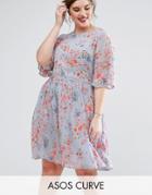 Asos Curve Premium Pretty Floral Print Skater Dress With Embroidery - Multi