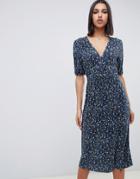 Asos Design Midi Ditsy Print Plisse Tea Dress With Elasticated Waist-multi
