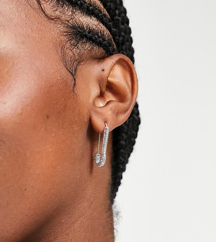 Asos Design Silver Plated Safety Pin Earrings With Crystal