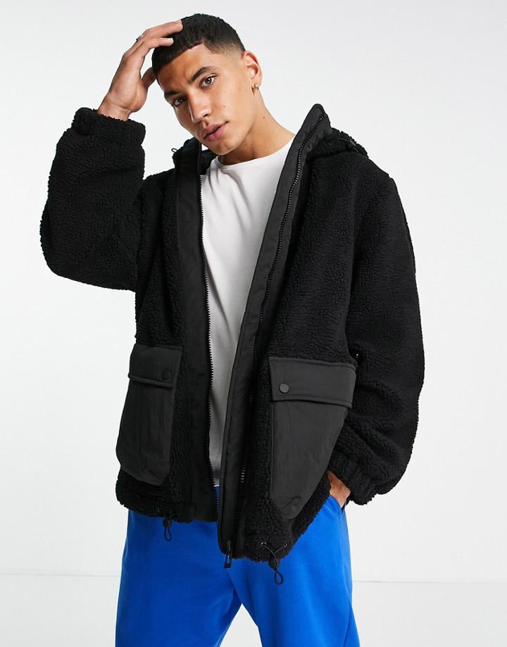 Topman Sherpa Zip Through Hooded Jacket In Black